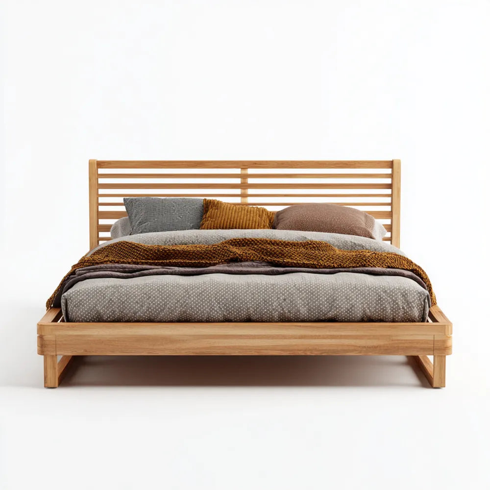 Wooden Double Bed Frame – Oak Finish – Minimalist Design – 200x140x35 cm
