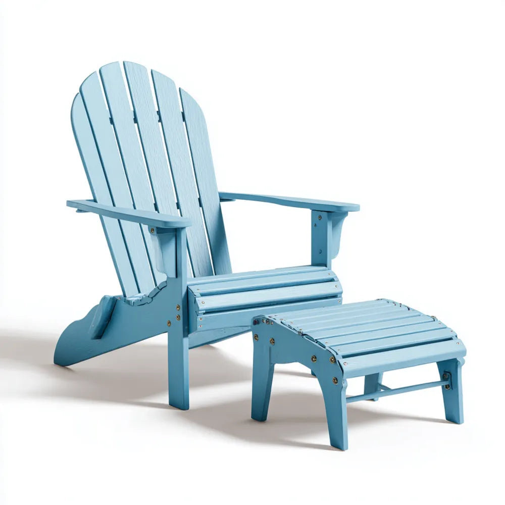 Patio Recliner Set with Ottoman - Light Blue - Wooden Outdoor Chair 35.4x29.5x33.5 Inches