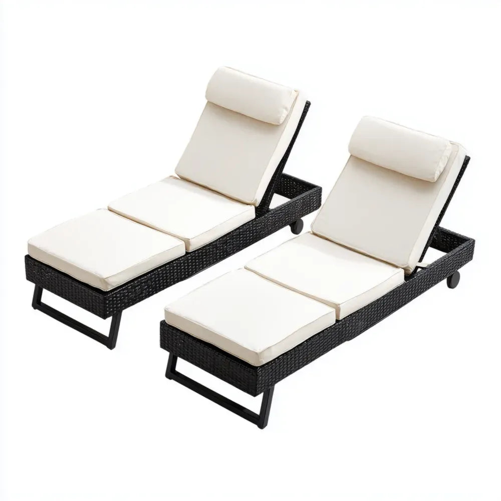 Patio Recliners Set of 2 - Rattan with Cushions - 195x65x32 cm - White