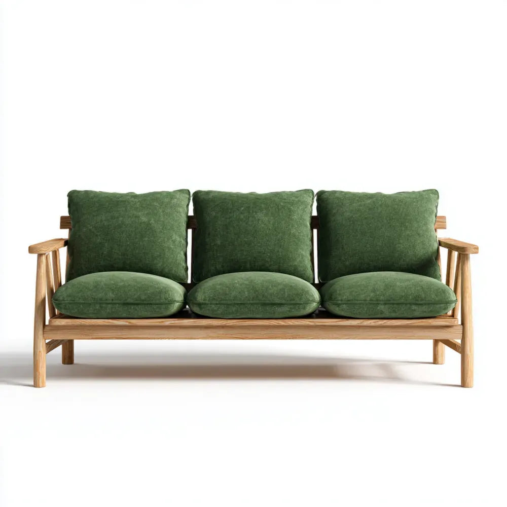Three-Seater Sofa Wood Frame Green Cushions - 150x85x75 cm - Modern Design