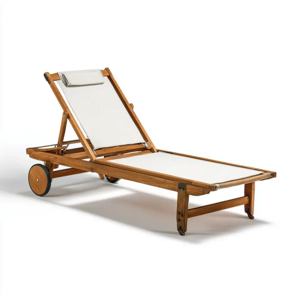 Outdoor Patio Recliner Sun Lounger - Teak Wood Frame 200x65x35 cm - White - Adjustable